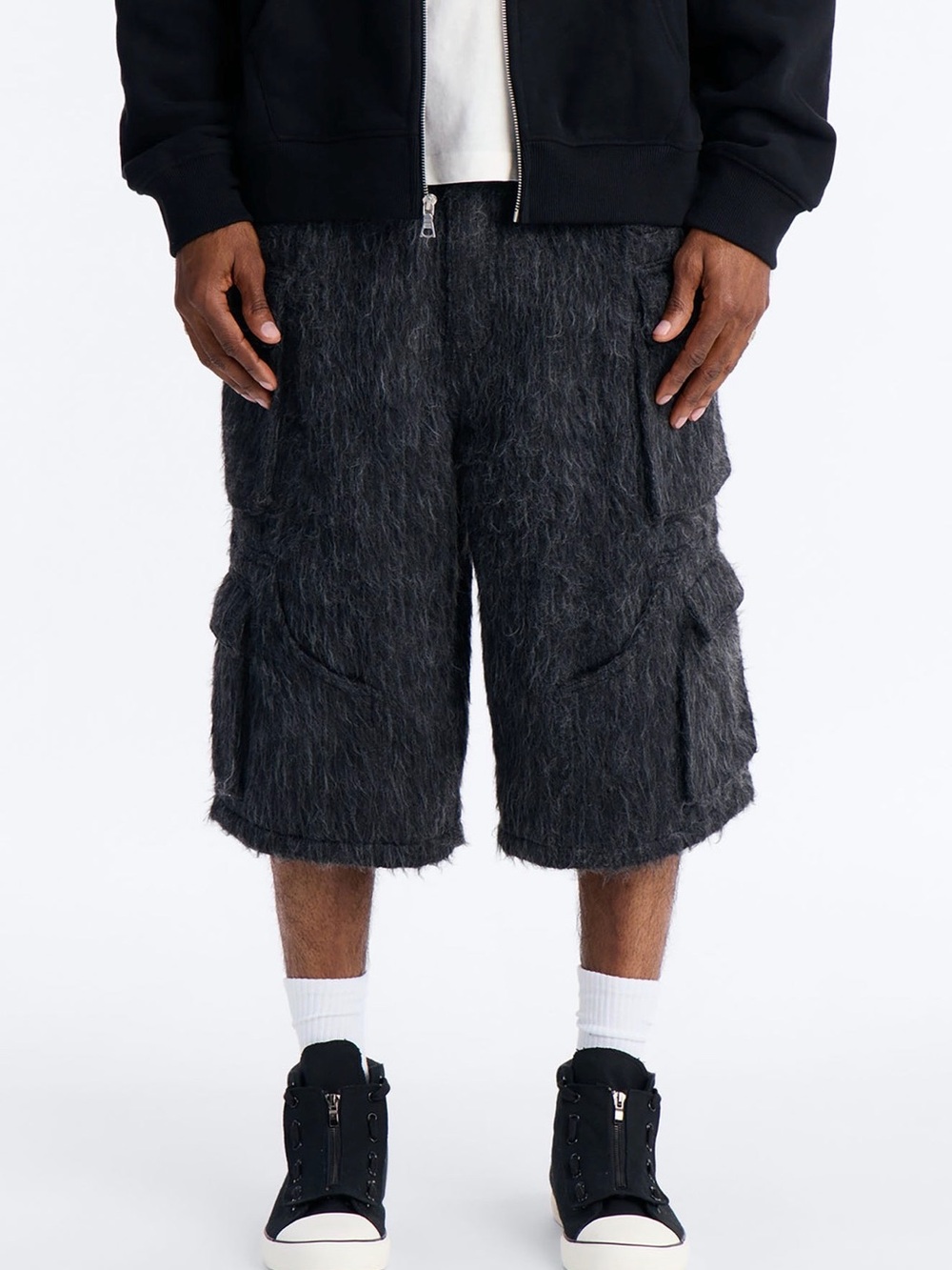 Black Faux-Fur Cargo Shorts
